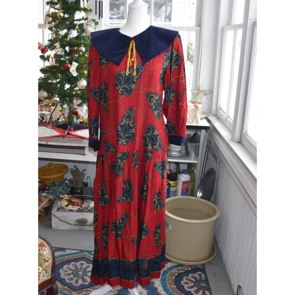 Vintage Lanz Originals Made in USA Rayon Maxi Dress Red & Blue Size Medium
